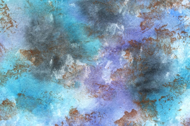 Textura de aquarela áspera com manchas douradas Fundo abstrato desenhado à mão em cores azuis escuras e roxas