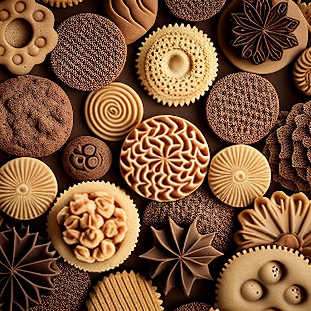 Textura de biscoitos caseiros, muitos deliciosos biscoitos doces e apetitosos em close-up, plano de fundo