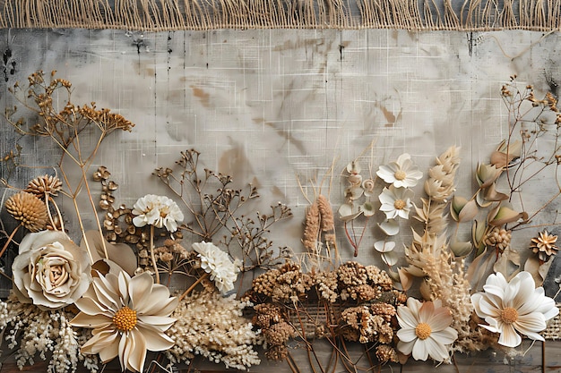Textura de burlap com flores secas e collage rústico de fio e coleção de decoração de fundo criativa
