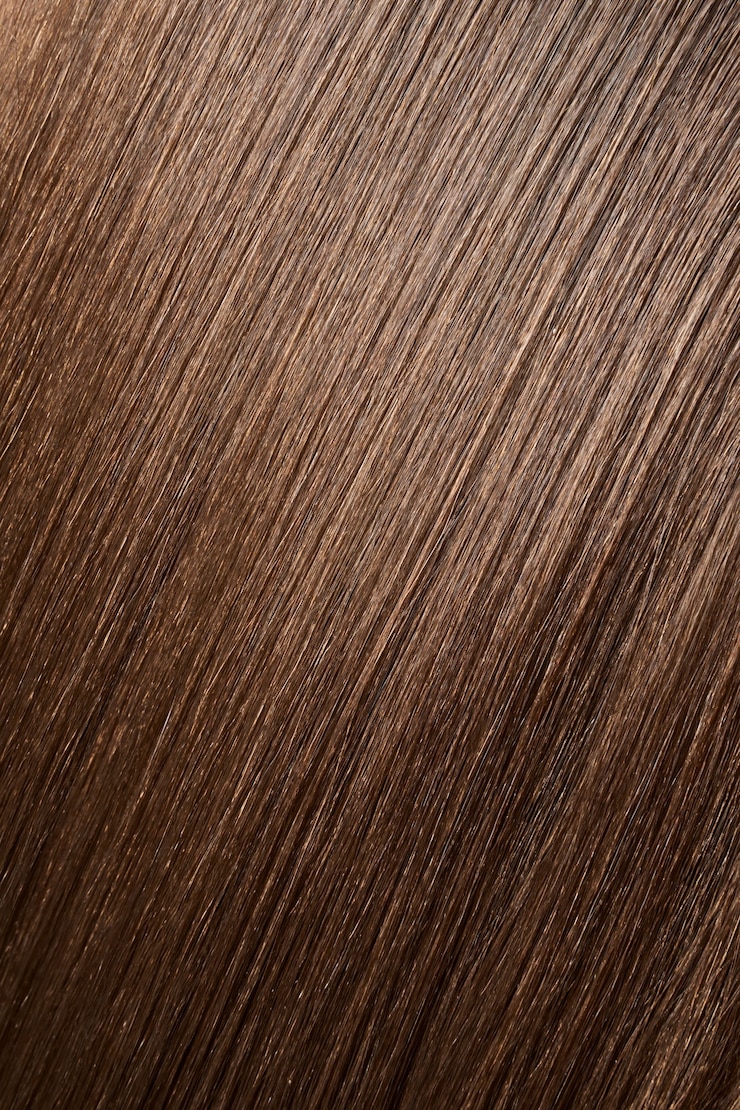 Foto textura de cabelo castanho brilhante, plano de fundo. fechar a visão do cabelo longo e reto das mulheres. conceito de cuidados com os cabelos.