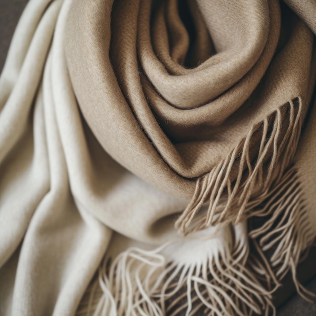 Textura de close-up de um lenço bege e castanho claro com borlas Conceito de luxo tranquilo