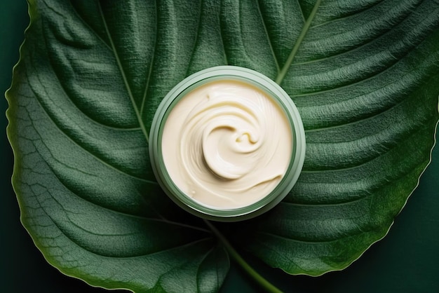 Textura de creme de pele cosmético natural em uma jarra em uma folha de palmeira tropical verde Generative AI