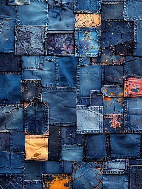 Foto textura de denim com patchwork de denim efeito de colagem casual colecção de decoração de fundo criativa den