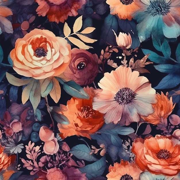 Textura de flores em aquarela pintadas à mão sem costura