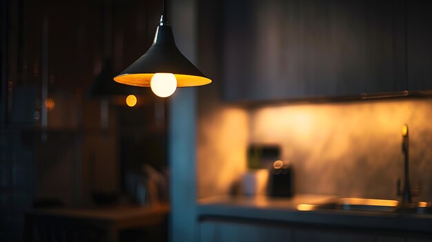 Foto textura de fundo da cozinha com iluminação de lâmpada interior de cozinha moderna ia gerativa