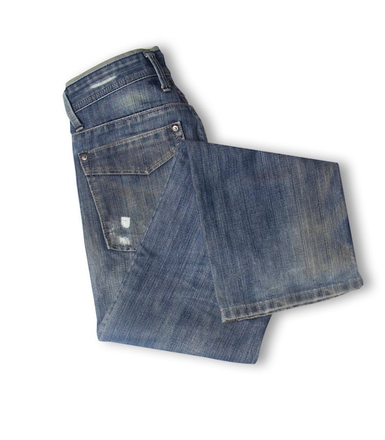 Textura de jeans em vista aproximada com espaço de cópia isolado em fundo branco com traçado de recorte