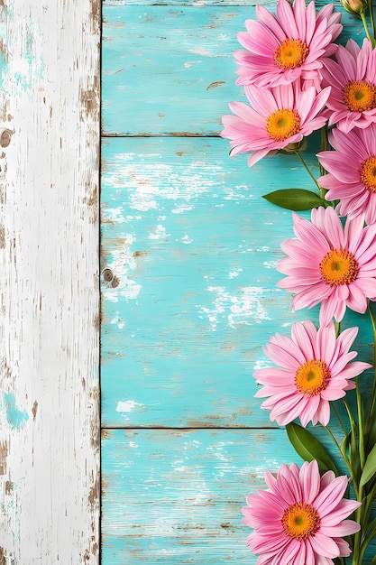 Foto textura de madeira turquesa com flores de primavera