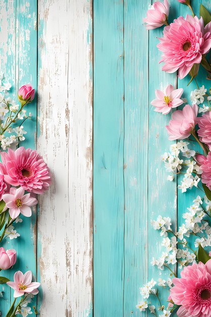 Foto textura de madeira turquesa com flores de primavera