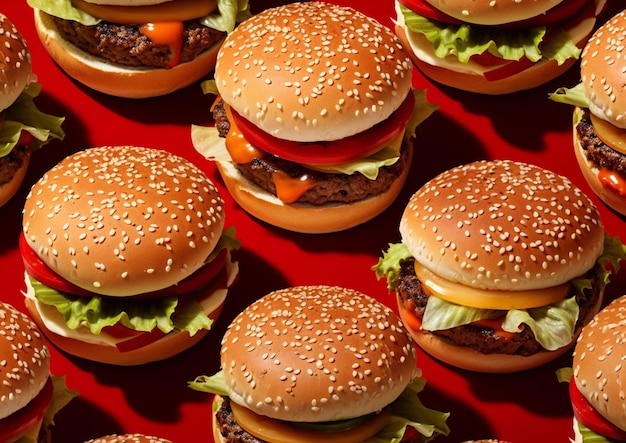 Textura de padrão com saborosos hambúrgueres de carne de vaca cheeseburgers com legumes e molho em fundo vermelho
