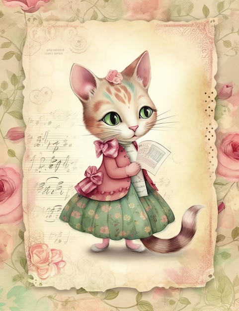 Textura de papel antigo de um gato com roupas de junk journal de papel digital de fundo