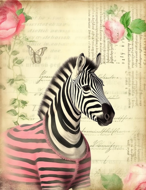 Textura de papel antigo de uma zebra com roupas de junk journal de papel digital de fundo