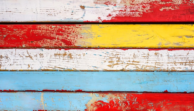 Textura de tábuas de madeira vintage com pintura rachada de cor branca vermelha amarela e azul Hori