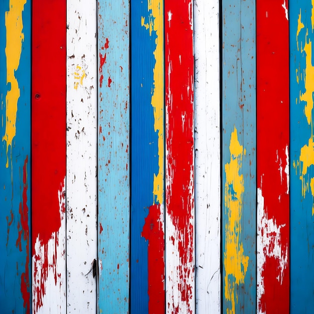 Textura de tábuas de madeira vintage com pintura rachada de cor branca, vermelha, verde e azul