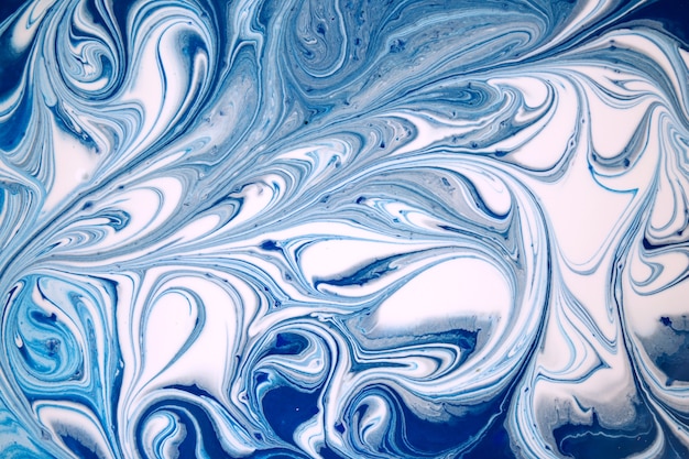 Textura de tinta líquida de fundo abstrato de mármore azul e branco