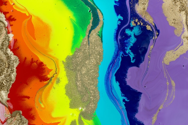 Textura de tinta mista de acrílico líquido arco-íris com pó de ouro