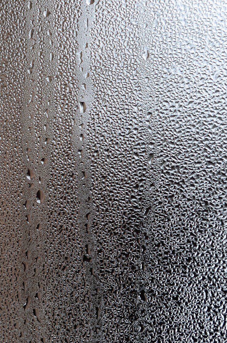 Foto textura de uma gota da chuva em um fundo transparente molhado de vidro. tonificado na cor cinza