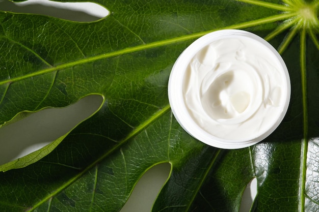 Textura de vista superior do creme facial branco, soro na folha verde, produto cosmético orgânico ecológico,