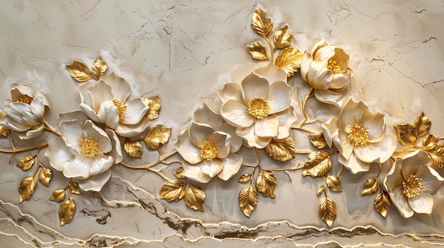 Textura decorativa leve de uma parede de gesso com flores decorativas volumosas e elementos dourados