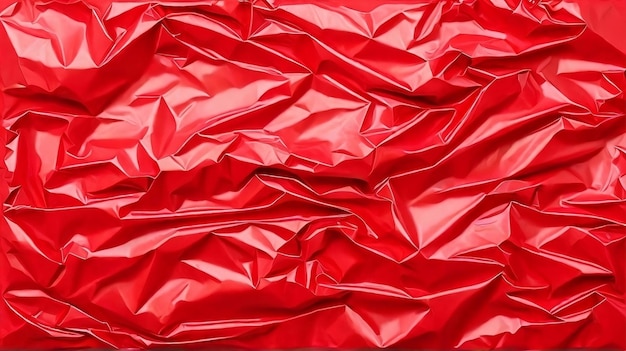 Textura dinámica de envoltura de plástico arrugado sobre fondo rojo vibrante