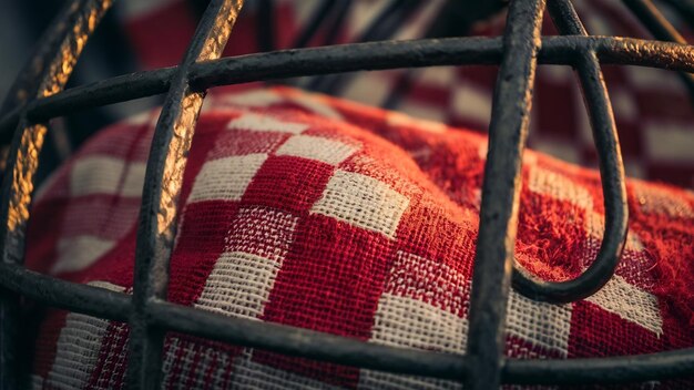 Foto textura do tecido em uma gaiola de tecido a quadros vermelho e branco