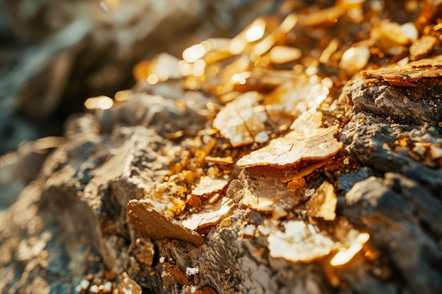 Textura dorada en la superficie de la piedra áspera Flocos de oro natural brillando a la luz del sol
