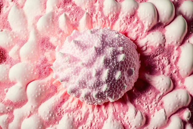 Textura de una espuma rosa de batido de fresa de una bebida de bayas macro extrema y primer plano desde arriba