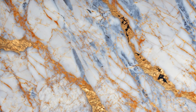 Textura fina de mármore Superfície polida de mármore branco com padrões azuis e laranjas dourados