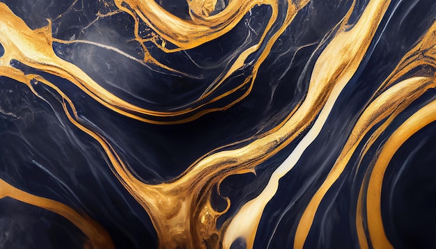 Textura fluida acrílica de mármol en colores azul profundo con salpicaduras doradas ilustración 3d