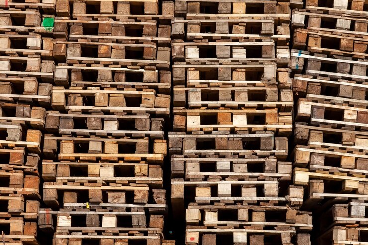 Textura y fondo para papel tapiz de vigas de madera y palets de palos apilados en pilas y de pie junto a la pared Plataformas para almacenamiento y transporte de mercancías en contenedores y barcos