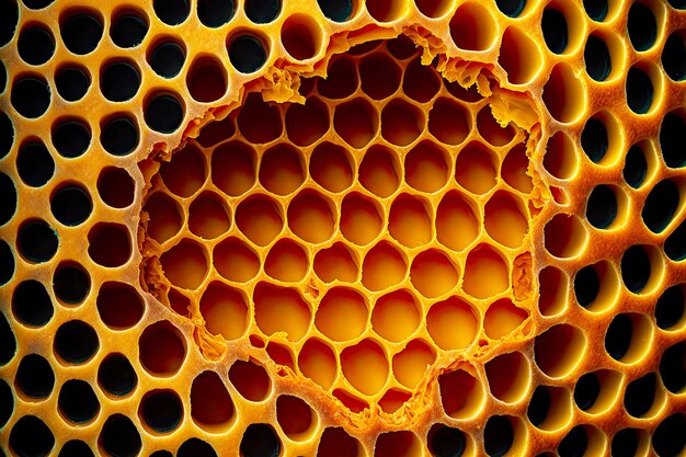 Textura de fondo y patrón de una sección de panal de cera de una colmena de abejas llena