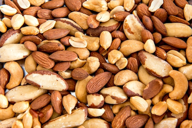 Textura de fondo de varias nueces anacardo nuez de Brasil almendras y cacahuetes