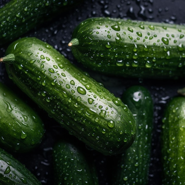 La textura de fresco verde delicioso calabacín con grandes gotas de agua de cerca un buen fondo