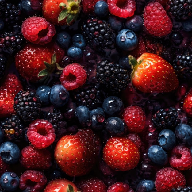 La textura Fresh Berries Seamless es una mezcla vibrante y jugosa de diferentes tipos de bayas