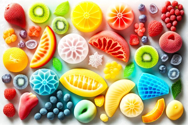 Textura de frutas multicolores brillantes para el postre sobre fondo blanco ai generativo