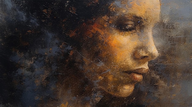 Textura granulada granulada na parede com expressão de retrato de mulher e efeito de textura de respingo de poeira dourada