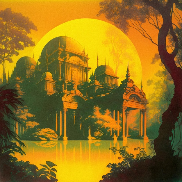 Textura granular de la década de 1970 de la portada del álbum de la nueva era del paisaje de los templos