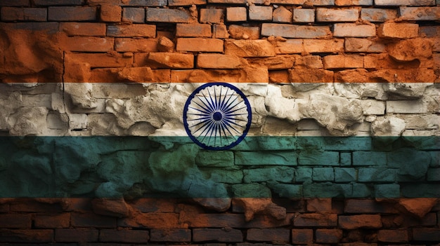 Textura Grunge angustiada Bandeira da Índia em uma parede de tijolos