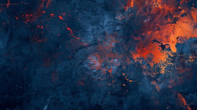 Una textura grunge azul oscuro infundido con ráfagas de naranja ardiente y carmesí que recuerda a una pintura de acuarela abstracta