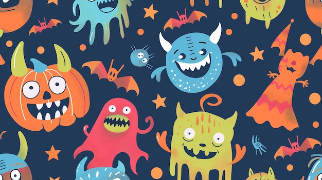 Textura de Halloween sin costuras vectorializada con monstruos juguetones