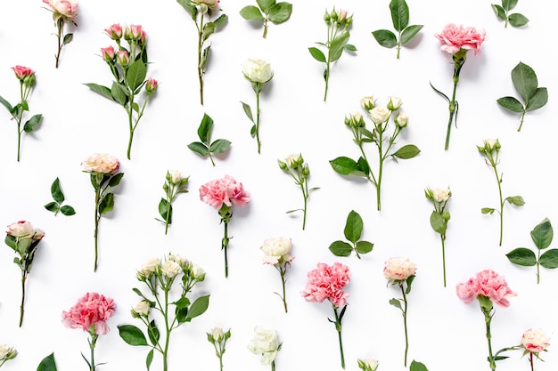 Textura hecha de rosas y claveles ramas patrón floral sobre un fondo blanco el apartamento yacía