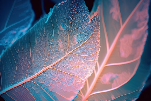 La textura de las hojas azules esqueléticas transparentes.