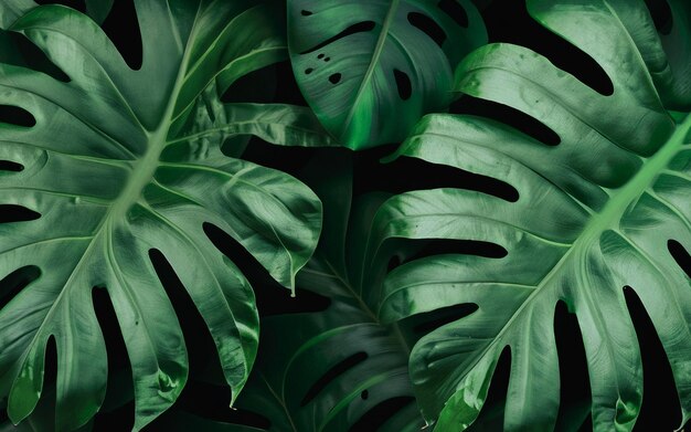 Textura de las hojas de monstera tropical en fondo verde oscuro fondo tropical