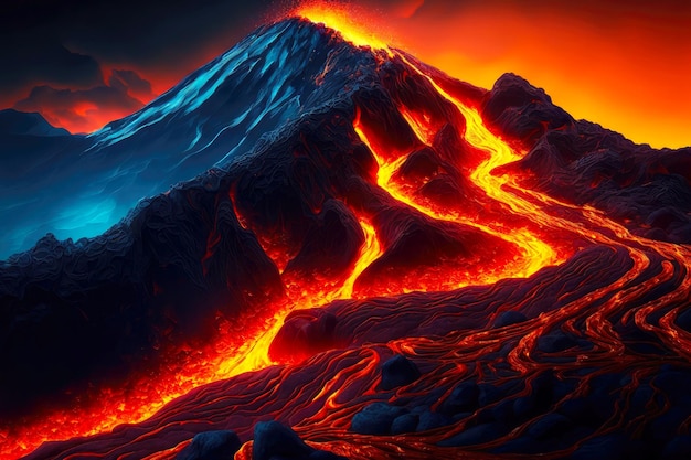 Foto textura de lava ardiente que fluye hacia abajo desde el volcán en llamas de la montaña