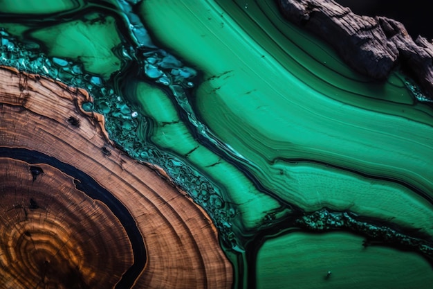 Textura de madera vieja oscura con manchas y epoxi esmeralda en grietas Generación de IA