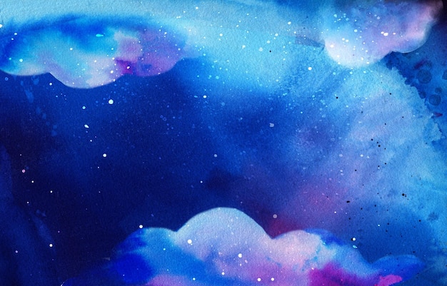 Textura mágica do espaço da aquarela com estrelas e nuvens de fantasia Mistura de cores azuis profundas de índigo e roxo Fundo cósmico com pinceladas e swashes