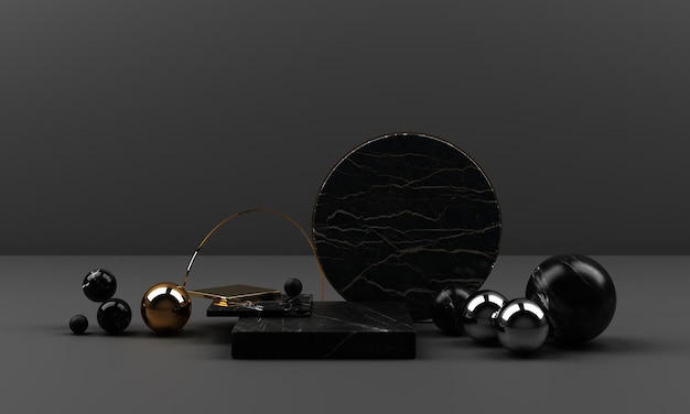 textura de mármol negro y blanco forma geométrica y oro con grupo de objetos inoxidables conjunto 3d render escena abstracta podio en blanco con fondo negro