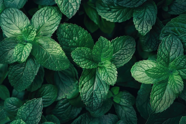 La textura del mentol en el fondo de la planta de menta verde