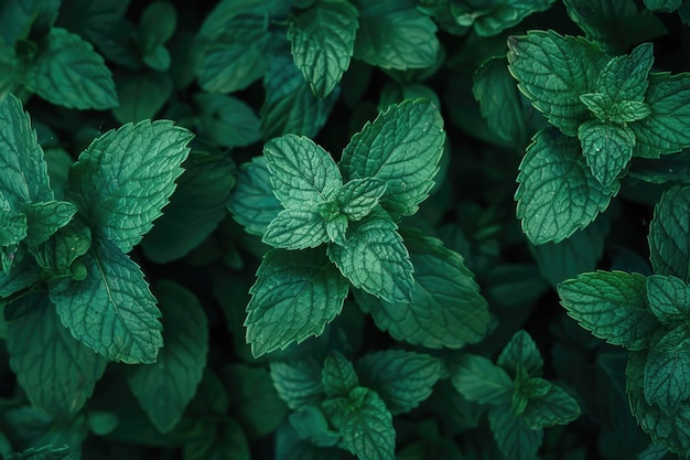 La textura del mentol en el fondo de la planta de menta verde