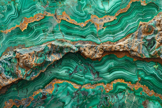 La textura mineral de la malaquita en tonos verdes y óxidos vívidos
