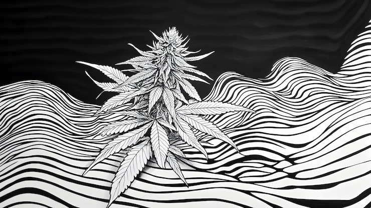 Foto textura monocromática detalhada do botão de maconha com folhas